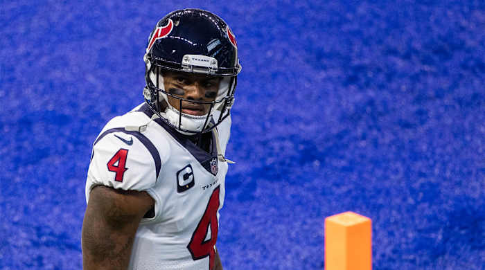 Dec 20, 2020; Indianapolis, Indiana, USA; Houston Texans quarterback Deshaun Watson (4) during warmups before the game against the Indianapolis Colts at Lucas Oil Stadium.
